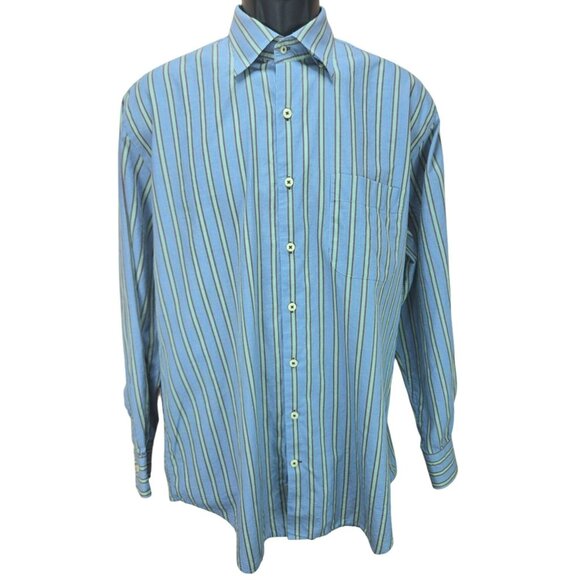 Peter Millar Mens Blue-Green Striped Long Sleeve Dress Shirt Large - Picture 1 of 6